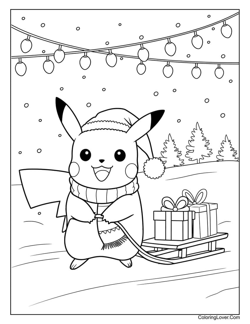 pikachu pulling sleigh with gifts coloring sheet