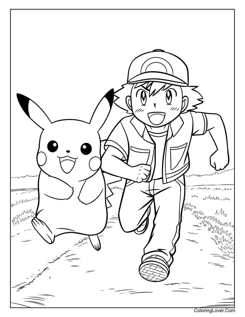 pikachu running with ash ketchum coloring page