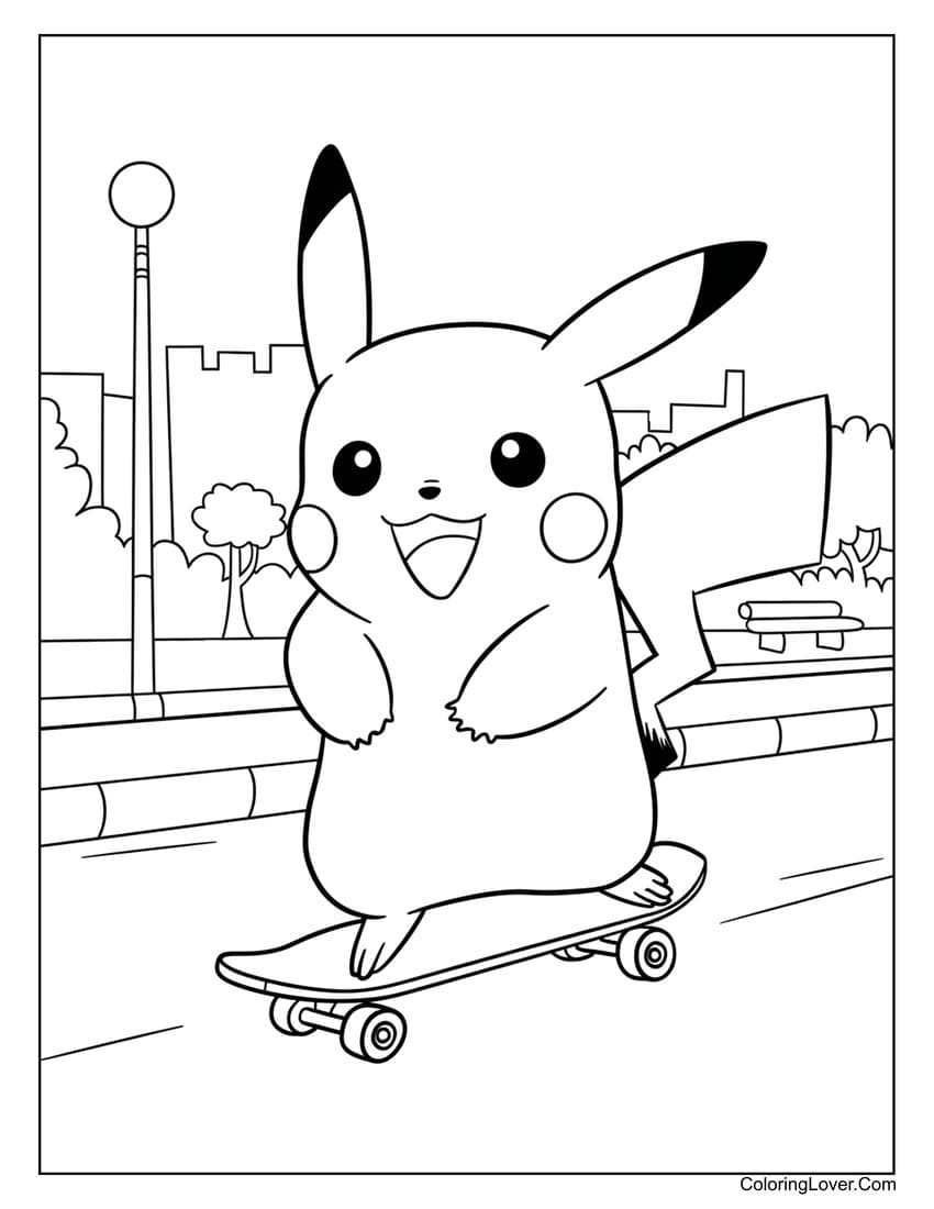 pikachu skateboarding in city coloring page