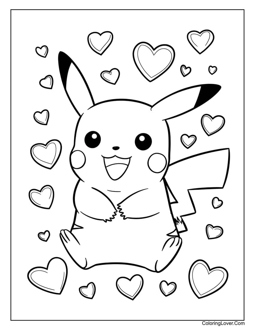 pikachu surrounded by hearts coloring sheet