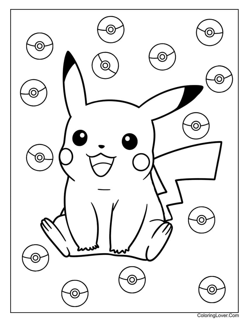 pikachu surrounded by pokeballs coloring page for kids