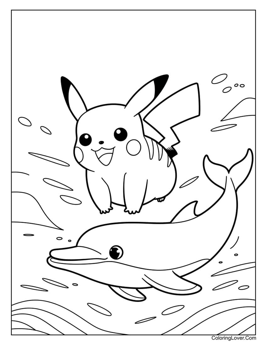 pikachu swimming with dolphin coloring page