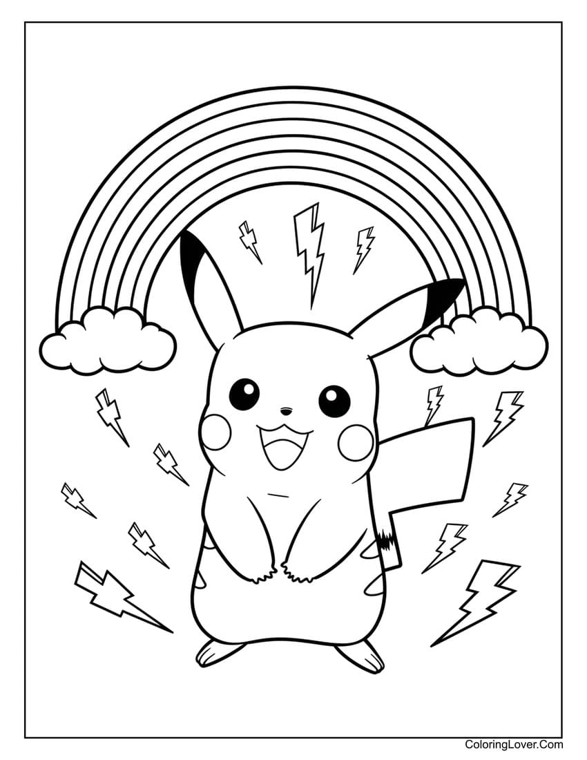 Pikachu under rainbow coloring page with lightning