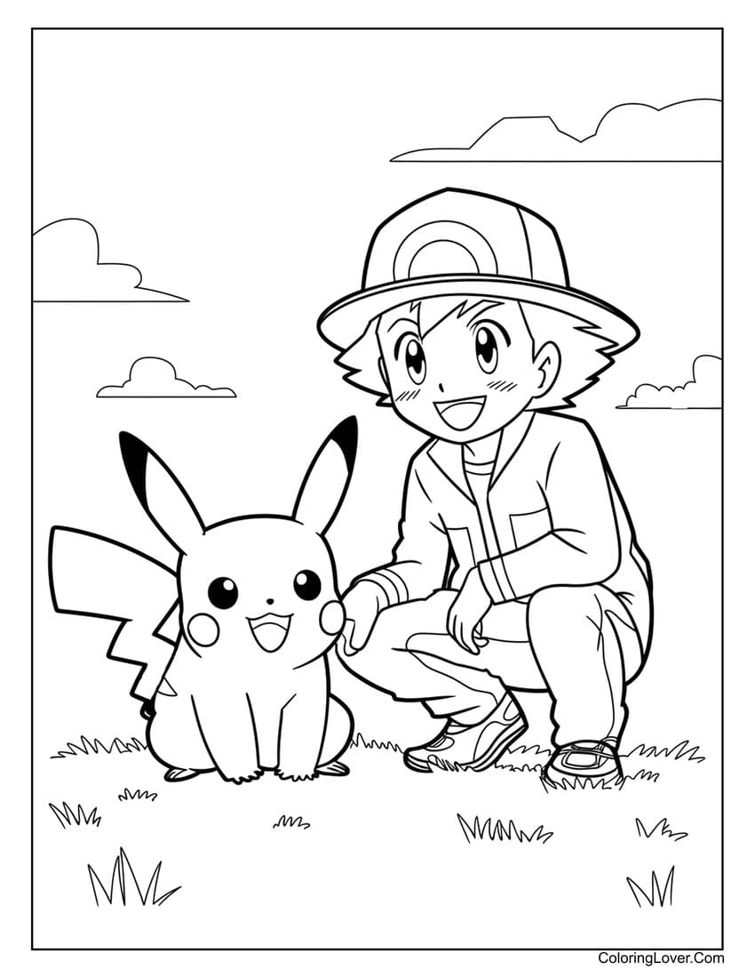 pikachu with ash ketchum coloring page