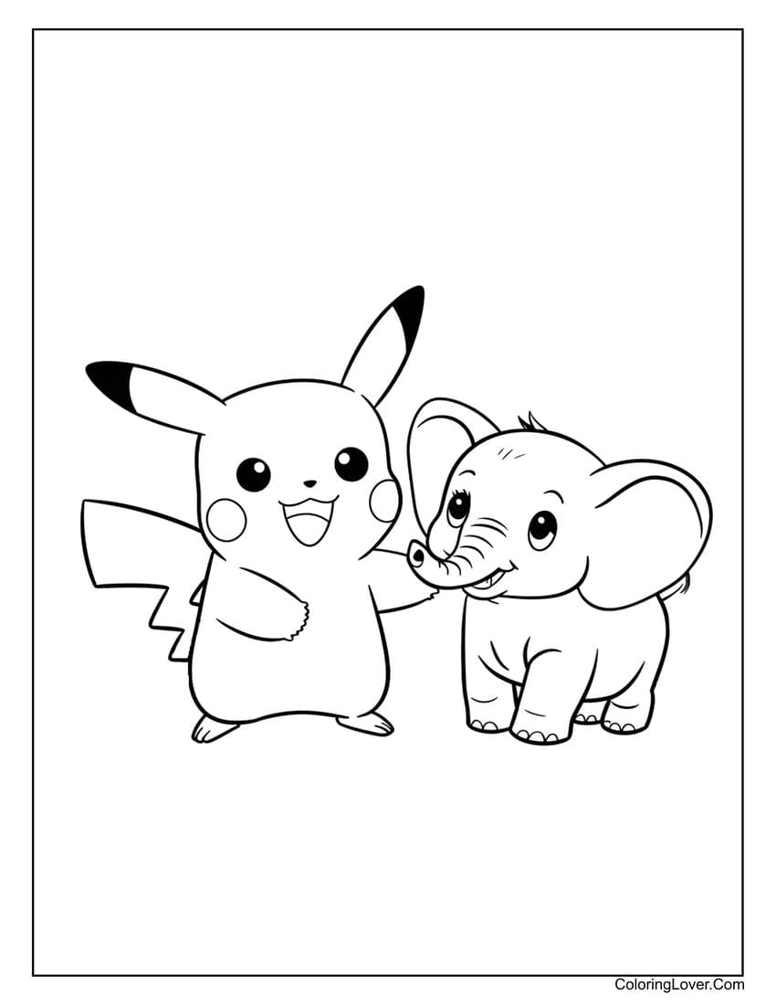 pikachu with baby elephant coloring page