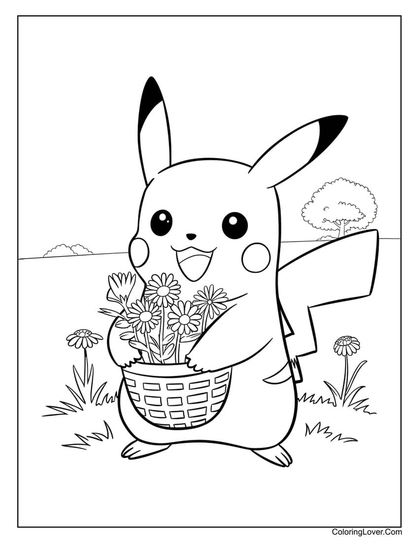 pikachu with basket of flowers coloring page