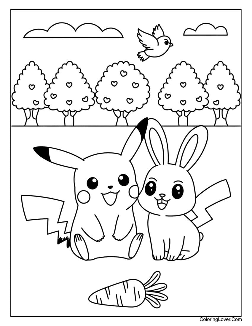 pikachu with bunny in nature coloring page