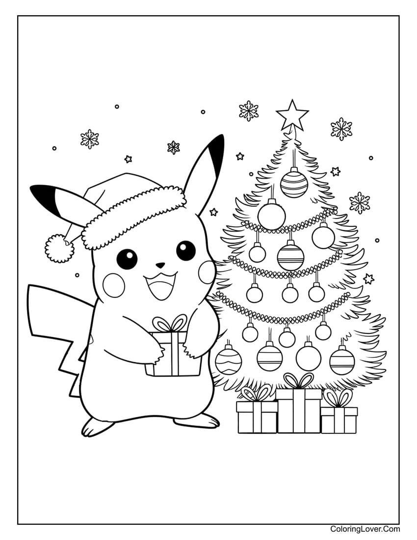 pikachu with christmas tree coloring page