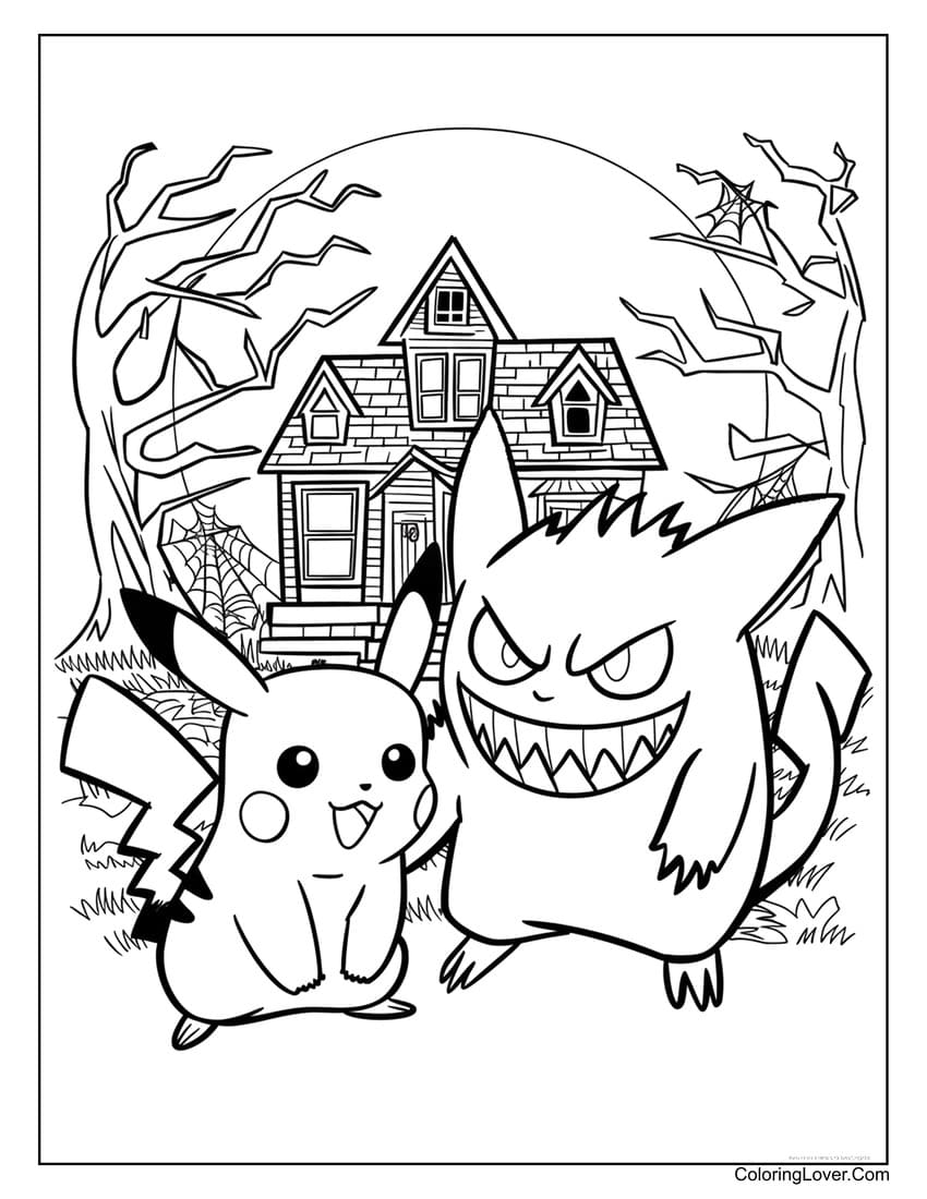 pikachu with gengar in spooky scene coloring sheet