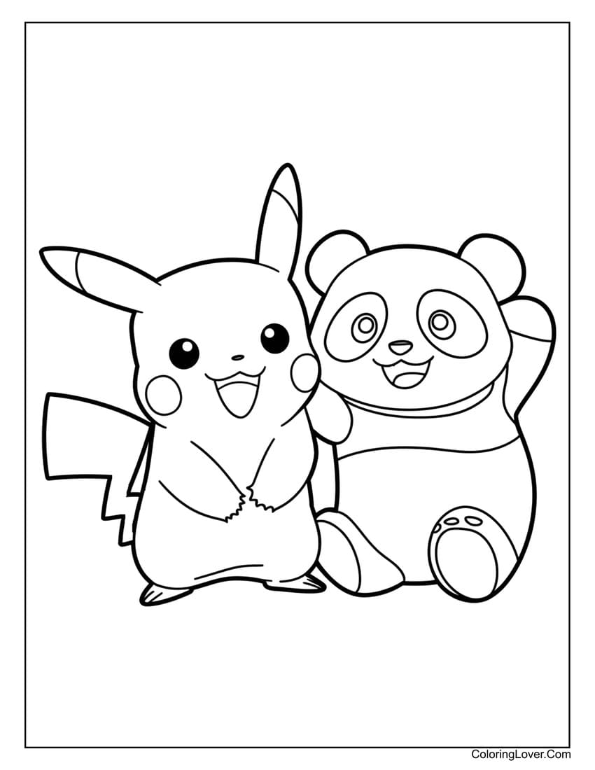 pikachu with panda bear coloring page