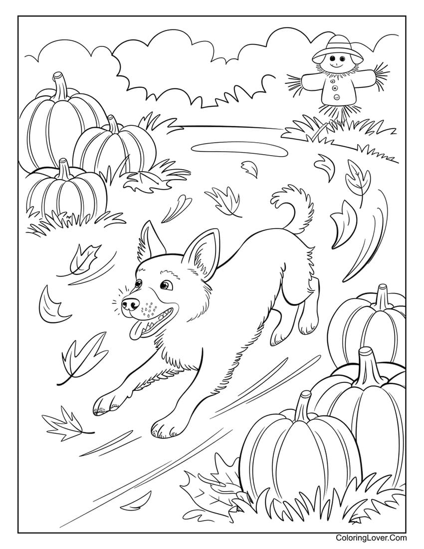 Playful dog running through pumpkin patch coloring page