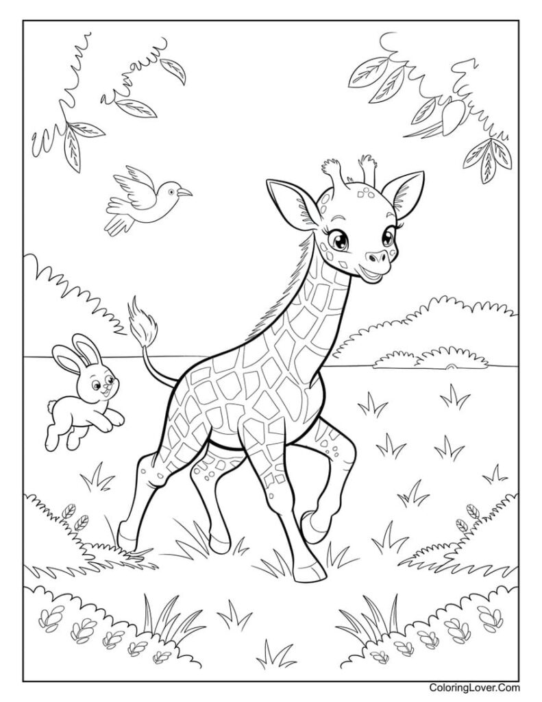 Playful giraffe with animals coloring page