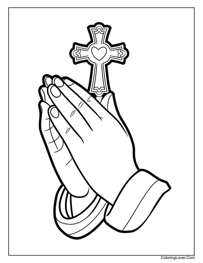 Praying hands with cross Easter coloring sheet
