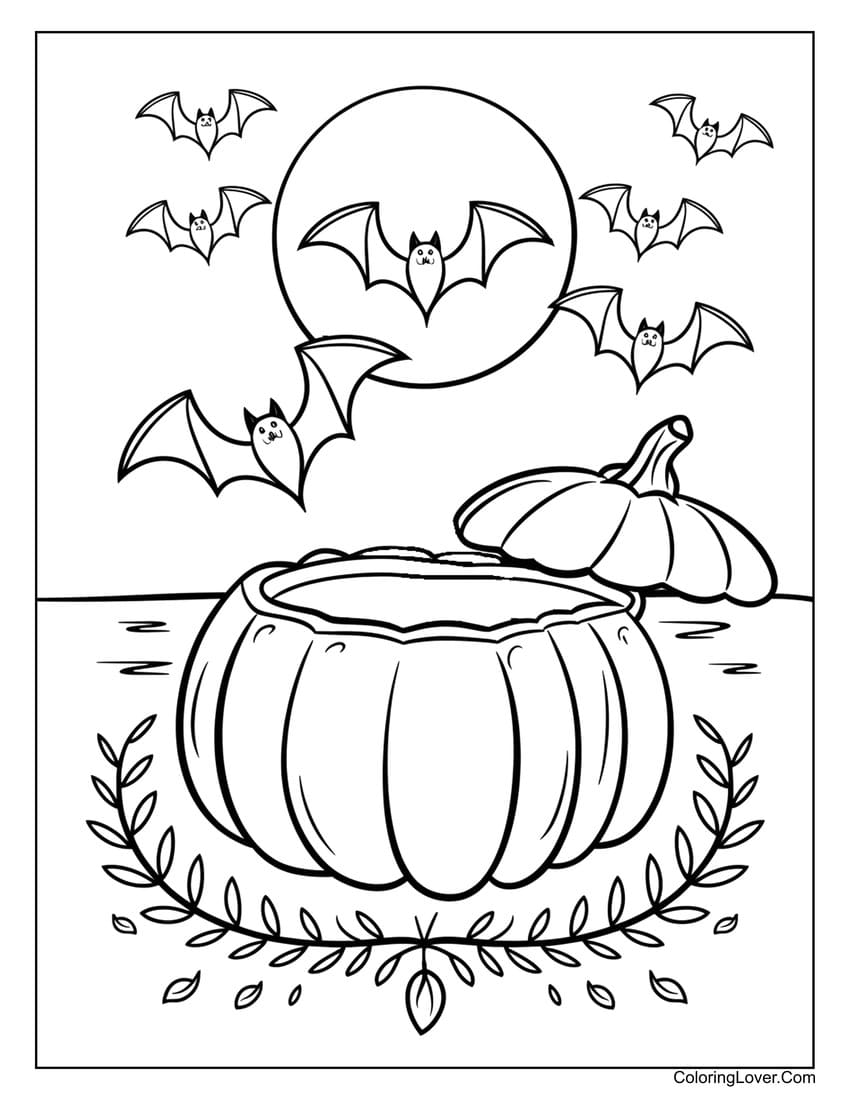 Pumpkin and bats flying in the moonlight coloring page