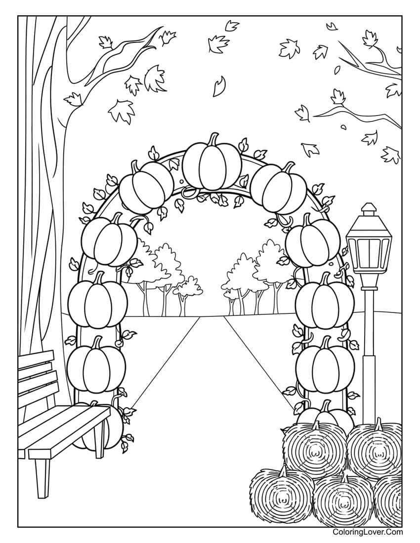 Pumpkin archway in park with hay bales coloring page