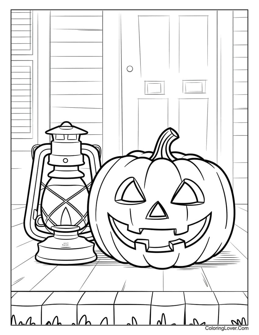 Pumpkin with lantern on porch coloring page