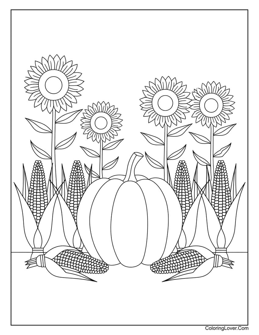 Pumpkin with sunflowers and corn in field coloring page