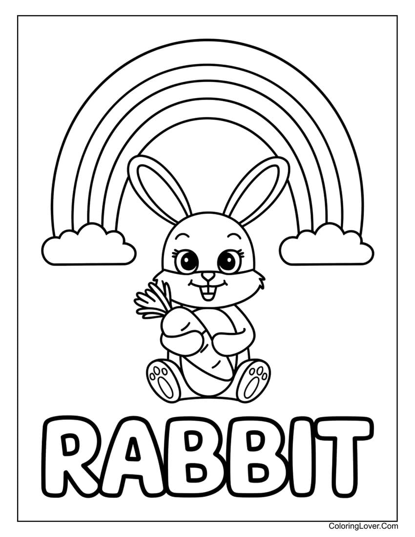 rabbit holding carrot with rainbow coloring sheet