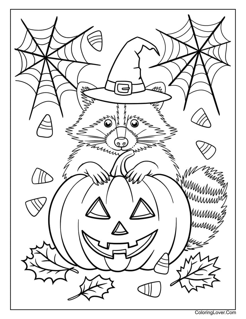 Raccoon in witch hat with pumpkin coloring sheet