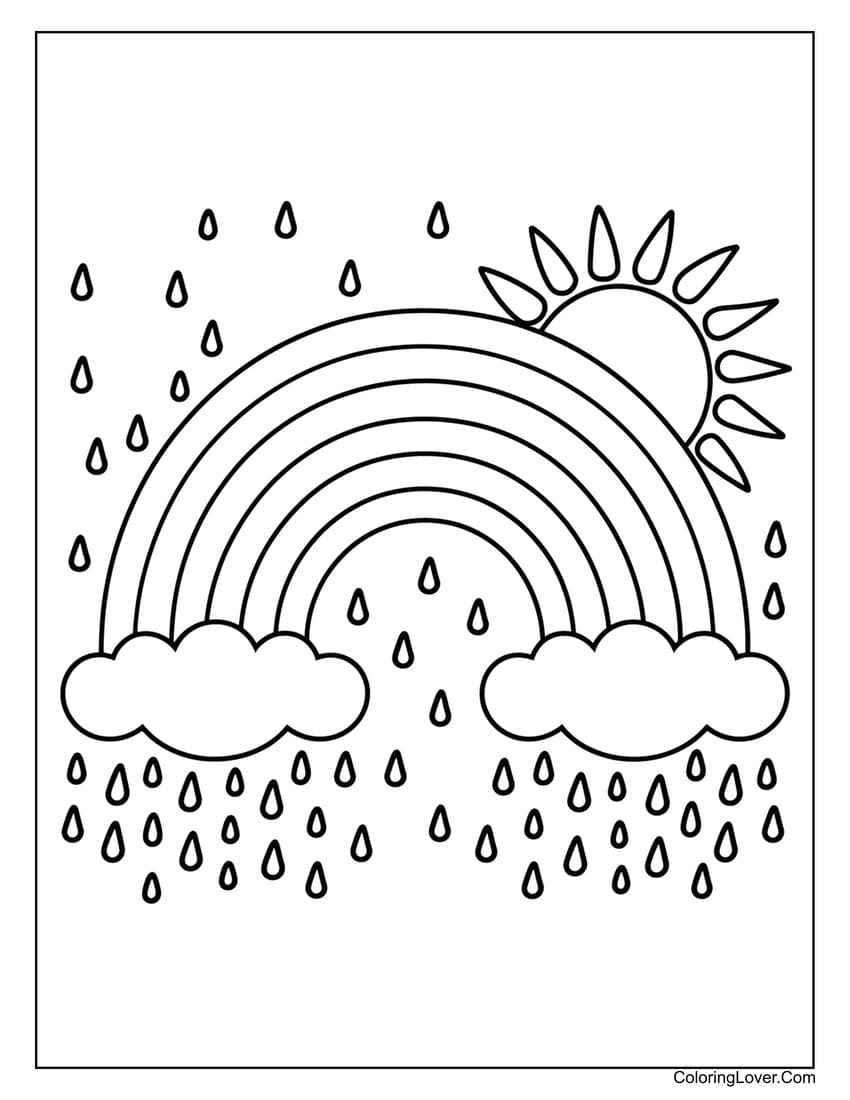 rainbow and raindrops coloring page for Kindergarten