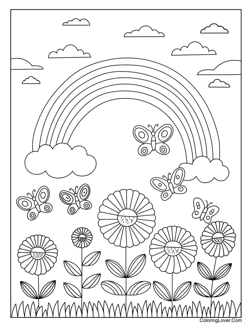 rainbow, butterflies, and flowers coloring sheet for kids