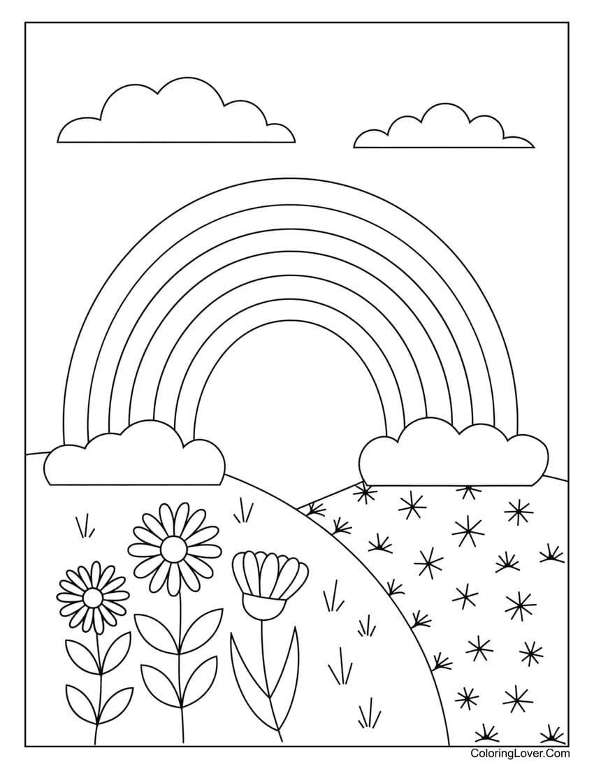 rainbow over flowers and hills coloring sheet for kids