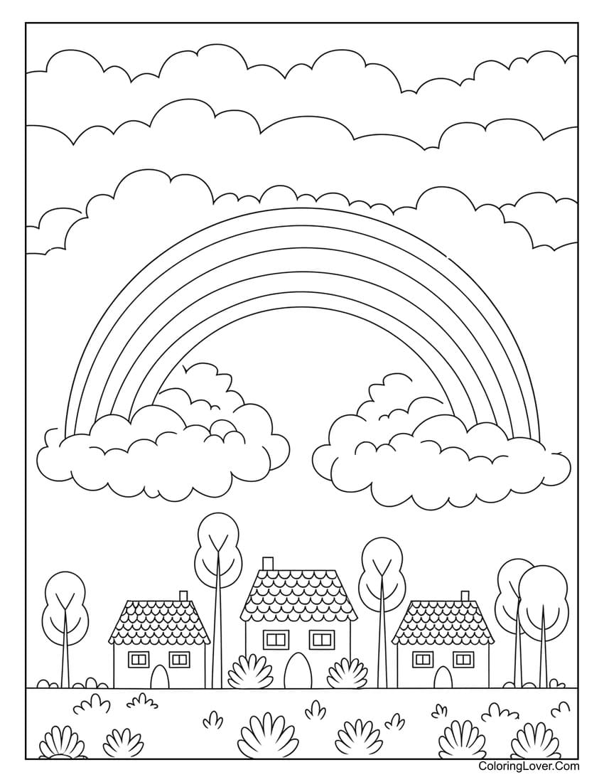 rainbow over small village coloring page