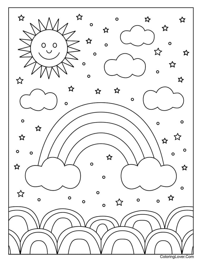 rainbow, sun, and stars coloring sheet for kids