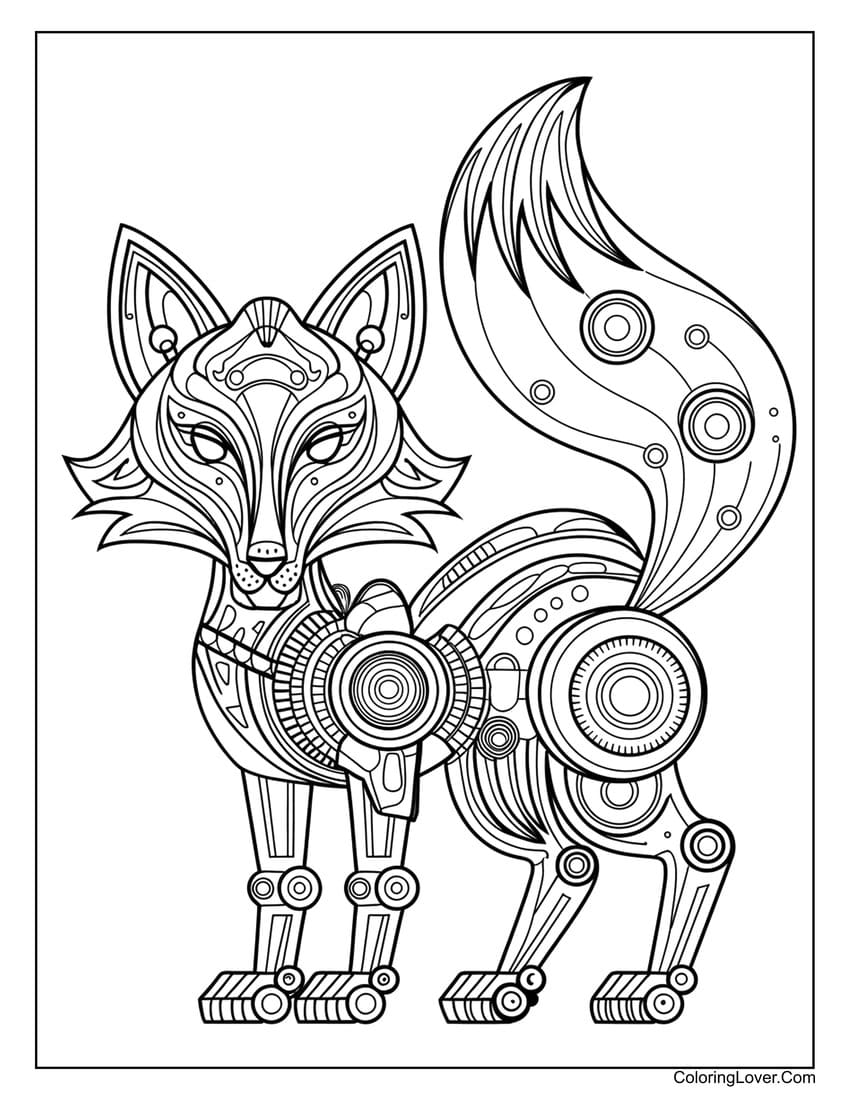 robotic fox coloring page for adults