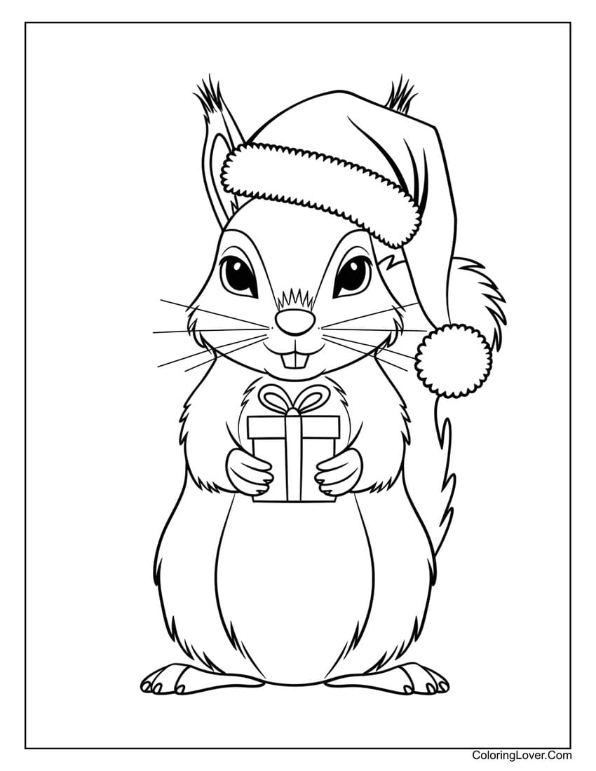 Santa hat squirrel holding gift coloring page