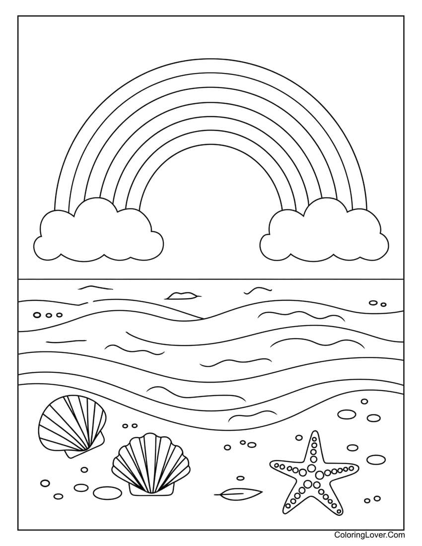 seashells and rainbow at the beach coloring page