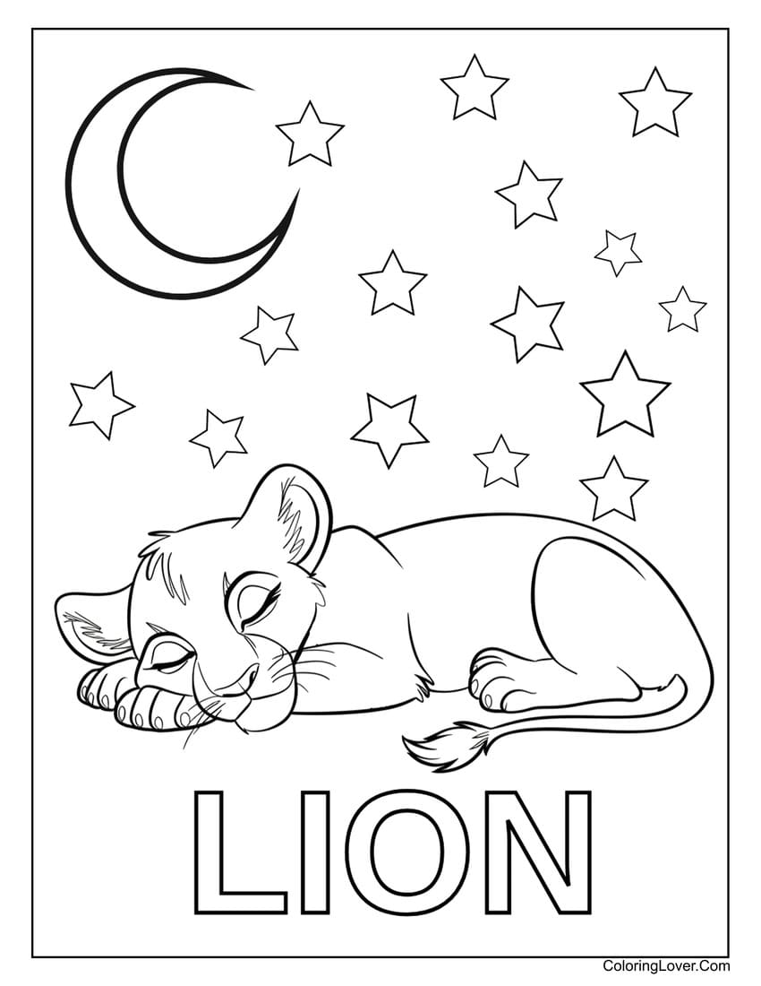 Sleeping baby lion under moon coloring page