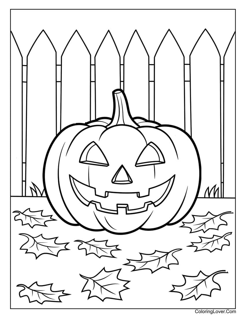 Smiling jack-o-lantern with leaves and fence coloring sheet