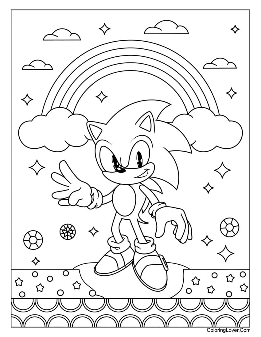 Sonic under rainbow coloring page with stars