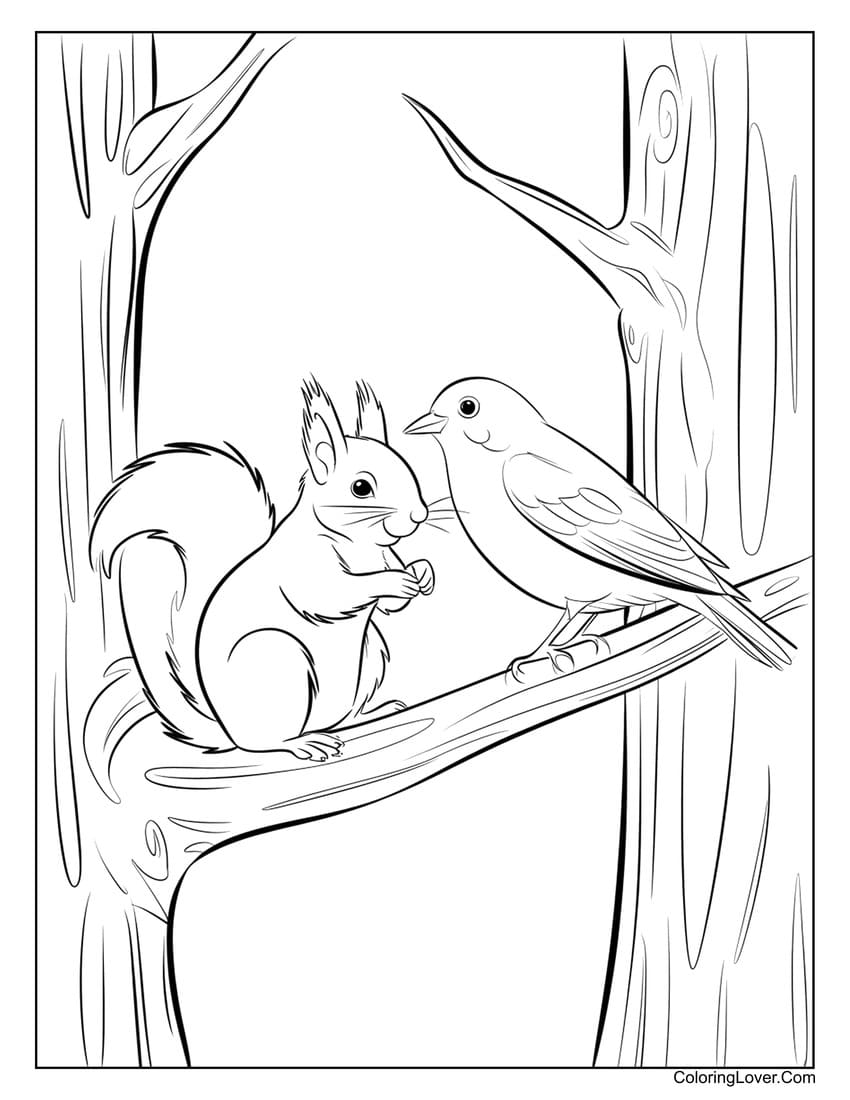 Squirrel and bird sitting on a tree coloring page for kids