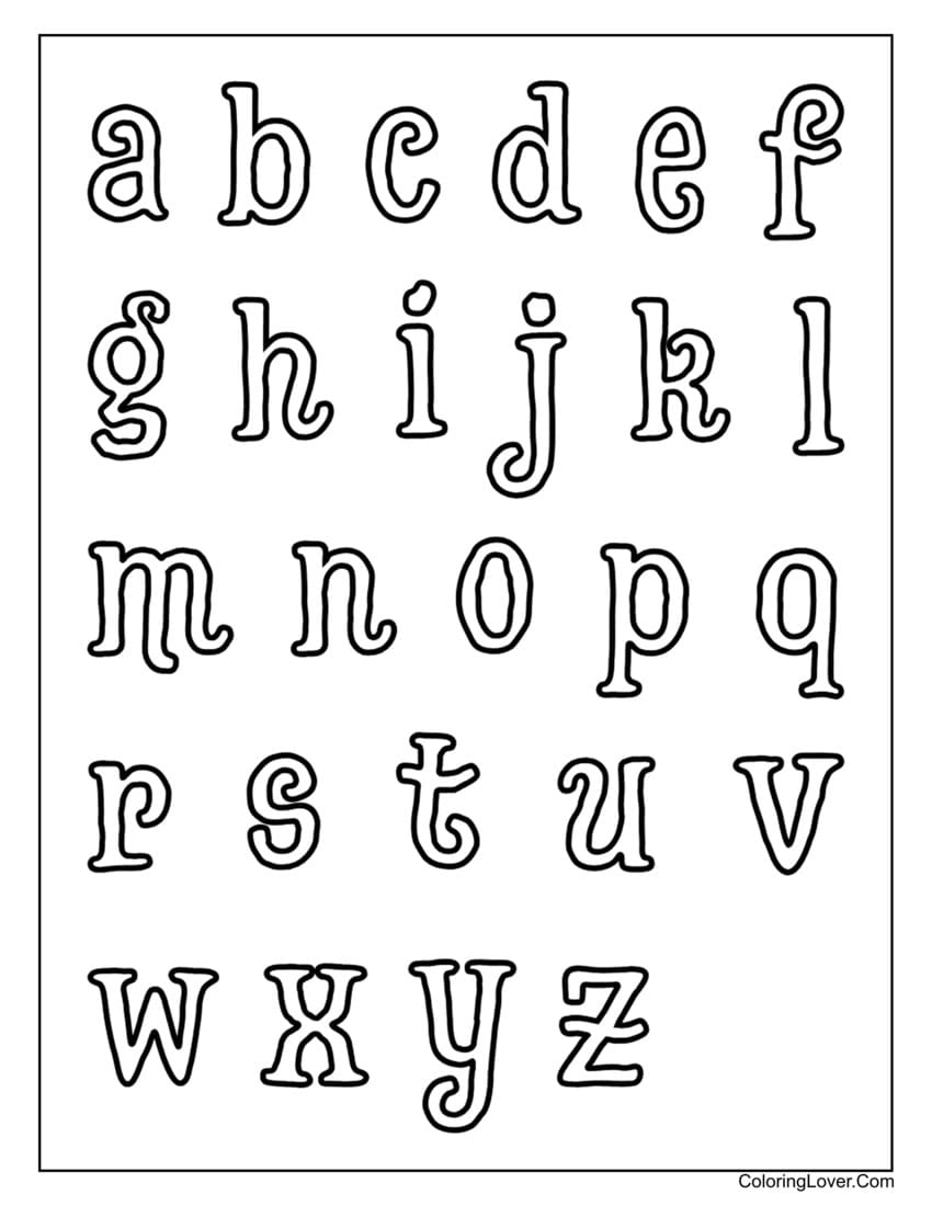 Stylized lowercase alphabet coloring sheet for kids