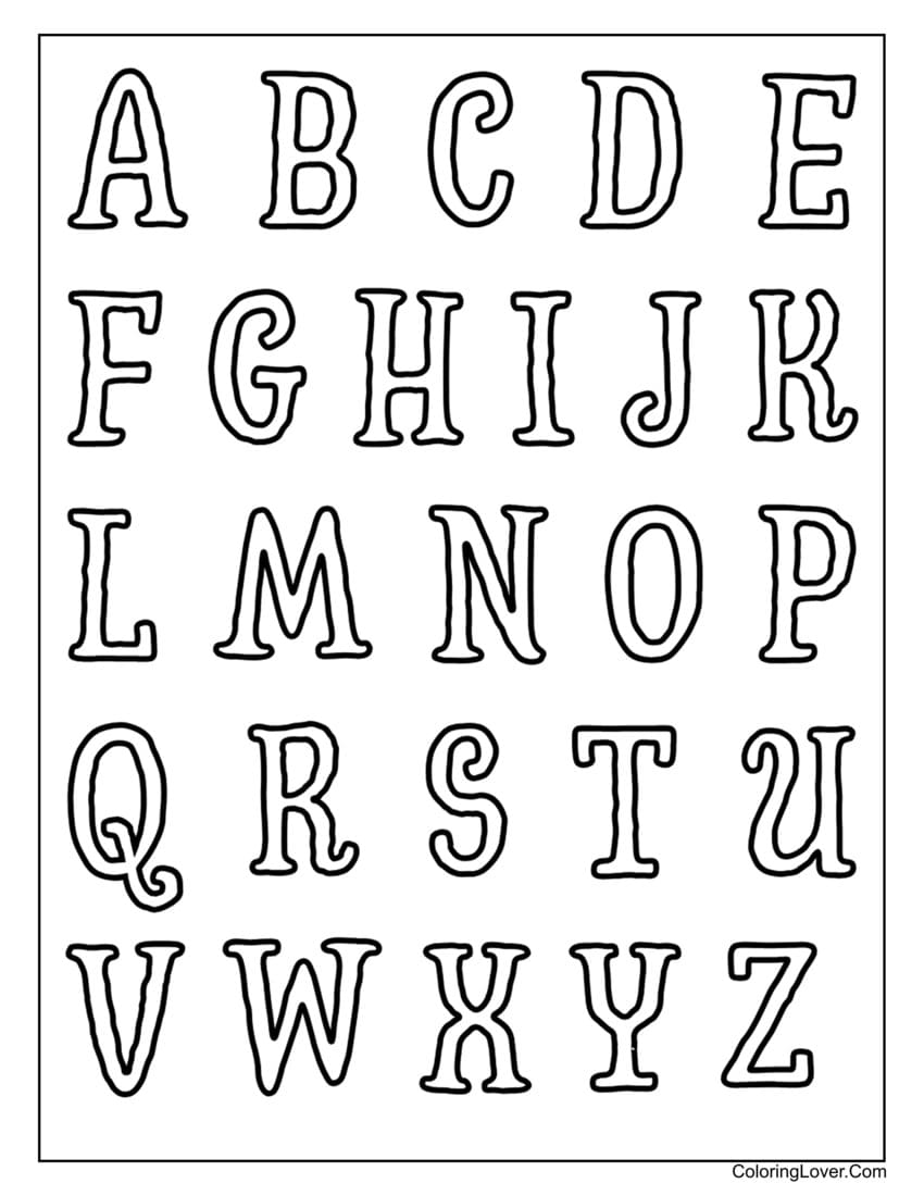 Stylized uppercase alphabet coloring page for kids