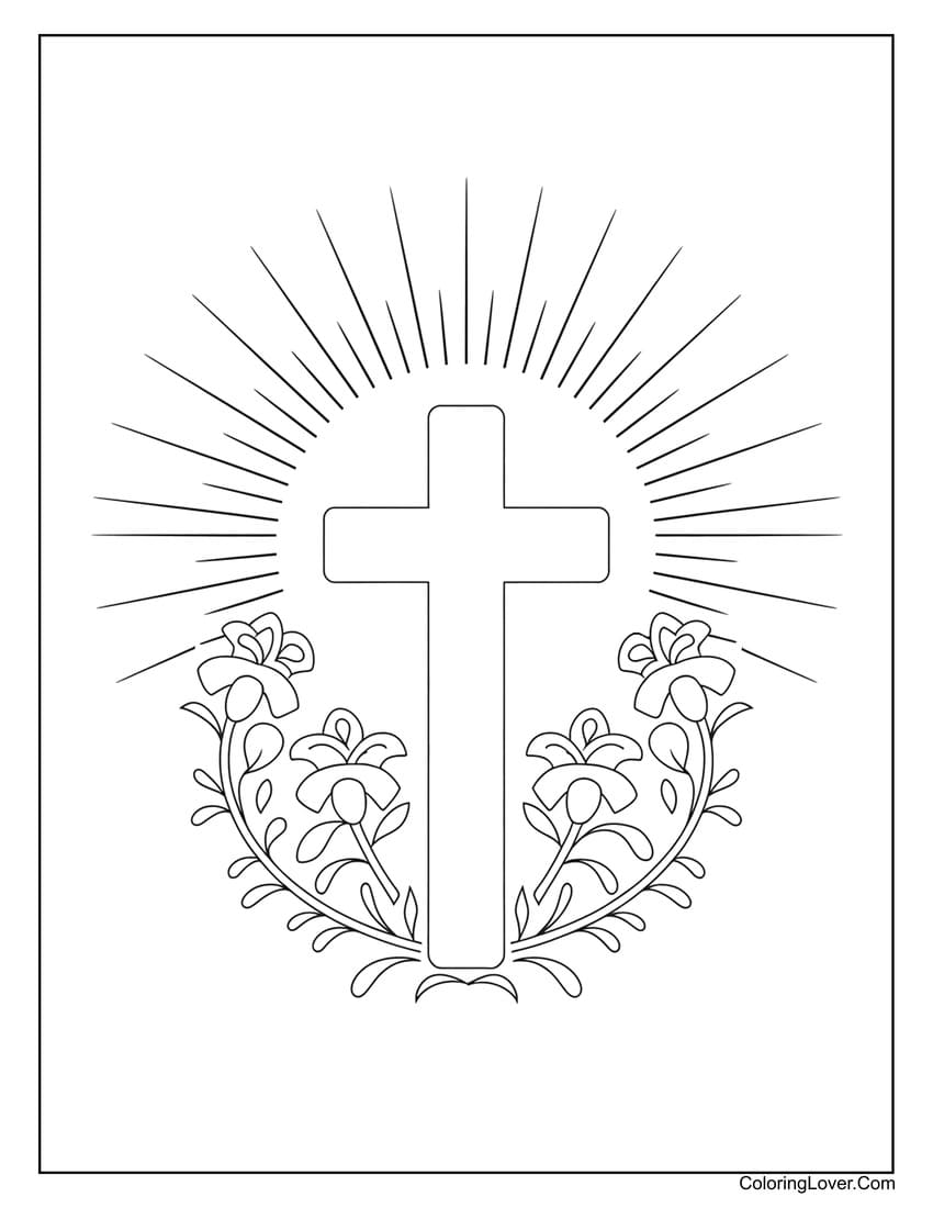 Sunrise over cross with flowers Easter coloring page
