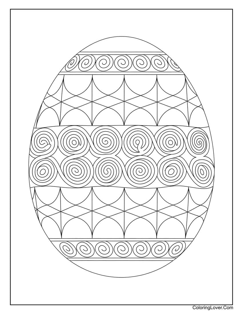 Swirly and geometric patterned Easter egg coloring page
