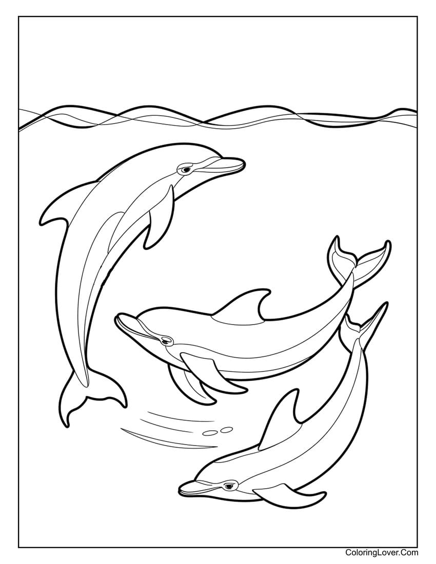 Three dolphins swimming underwater coloring page