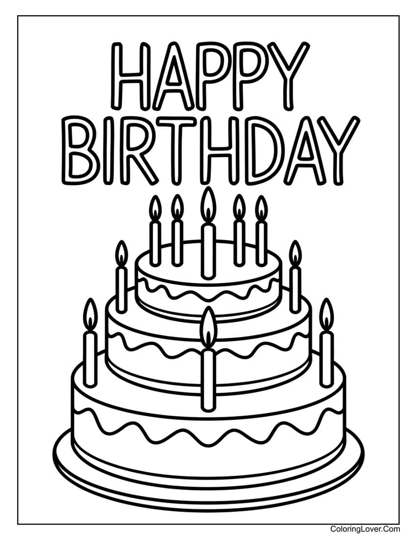 Three-tiered birthday cake coloring page