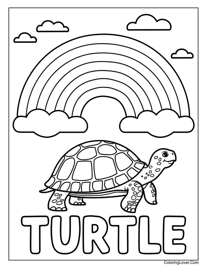 Turtle walking under rainbow coloring sheet for kids