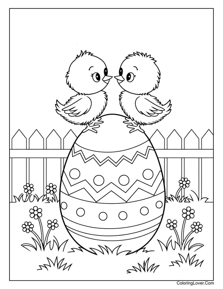 Two baby chicks on decorated Easter egg coloring page
