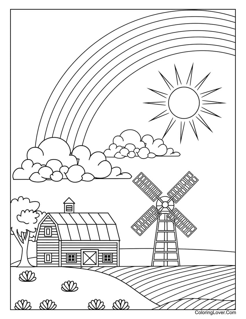 windmill and barn with rainbow coloring page for kids