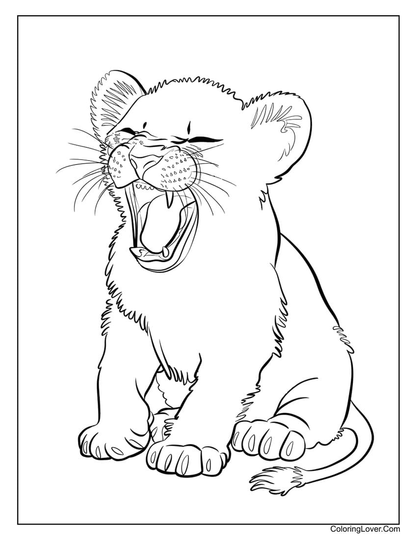 Yawning lion cub coloring sheet