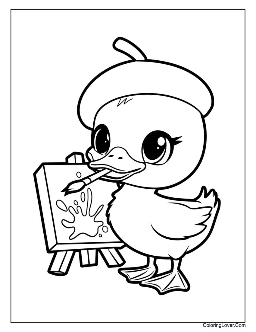 artist duck coloring sheet with easel and beret
