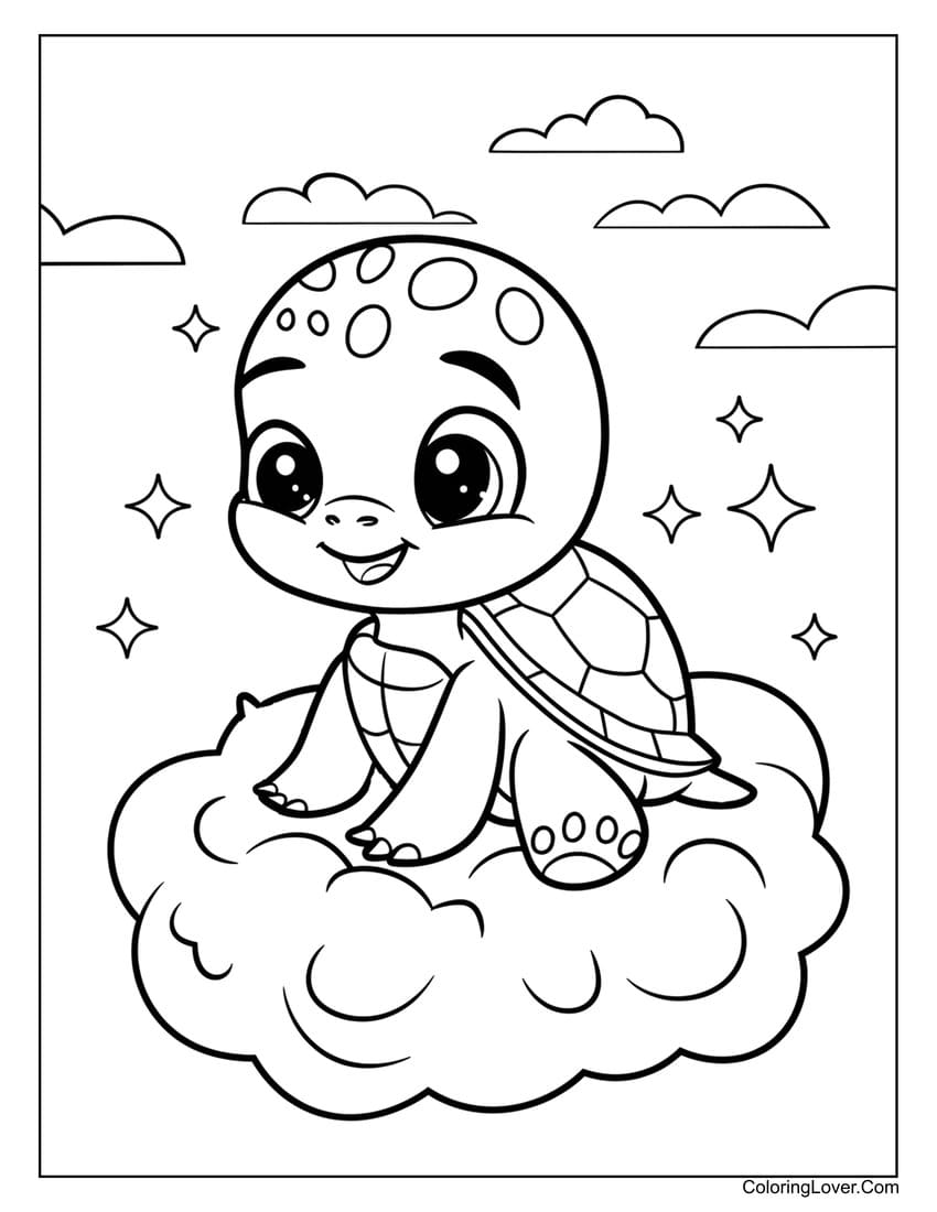 baby turtle on cloud coloring sheet