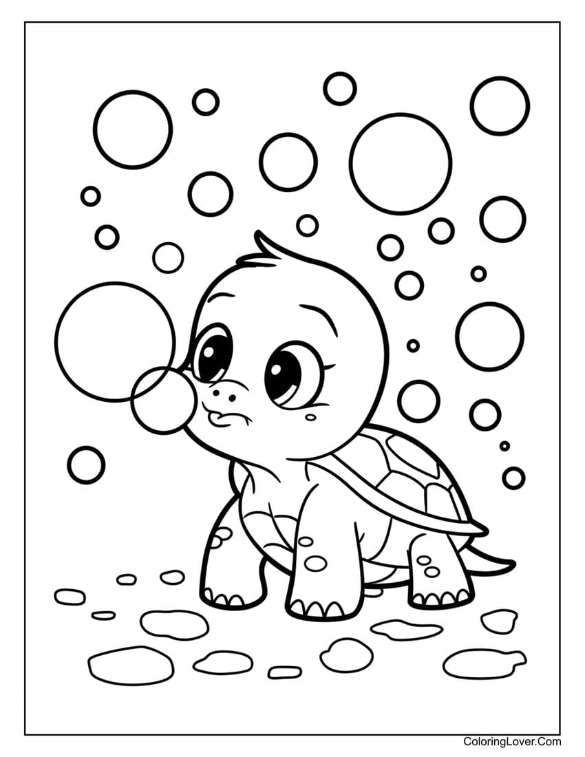 baby turtle with bubbles coloring page for kids