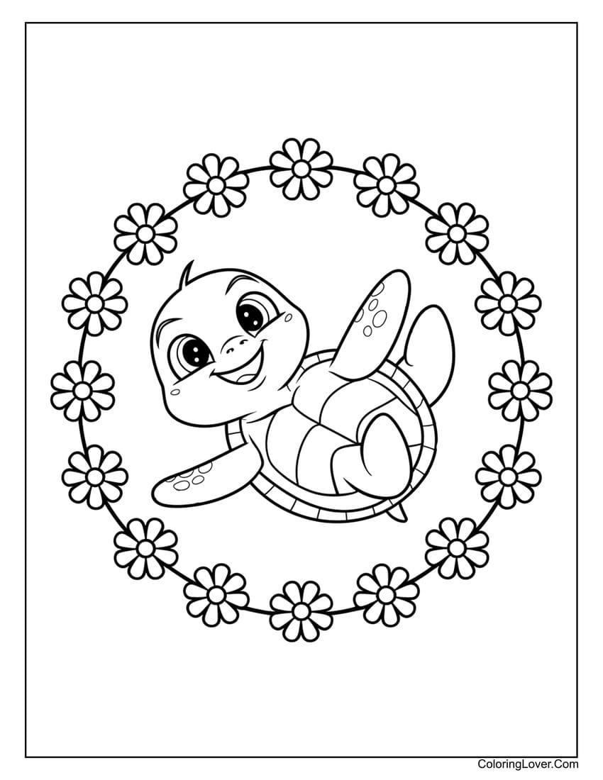 baby turtle with daisy border coloring page for kids