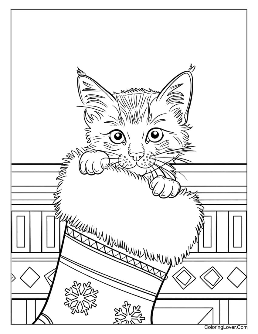 Christmas stocking with a kitten inside coloring page
